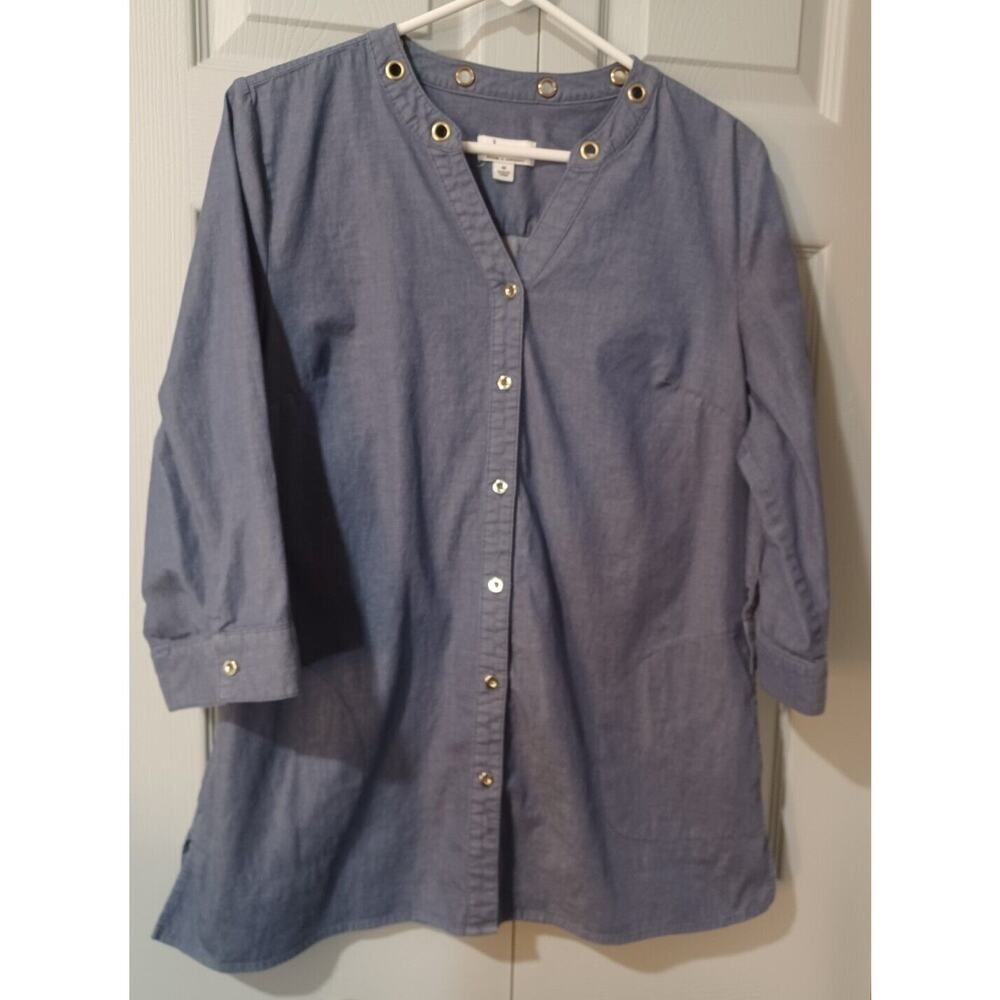 Womens Denim & Co Blue Cotton Shirt Medium Med Button up embellishments